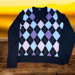 Brooks Brothers 346 Mens Argyle Sweater Large Merino Wool Italian V-Neck Purple